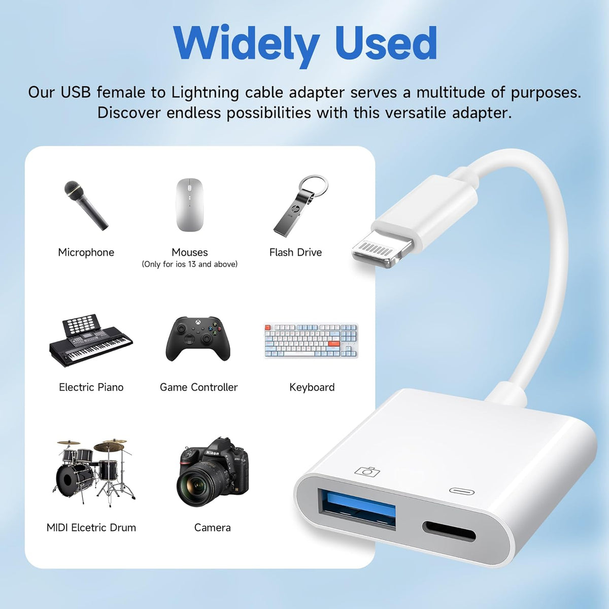 [Apple MFi Certified] Lightning to USB Camera Adapter with Charging Port, Portable USB3.0 Female OTG Cable Adapter for Select iPhone, iPad Models, Support Card Reader, USB Flash Drive, Keyboard, Mice