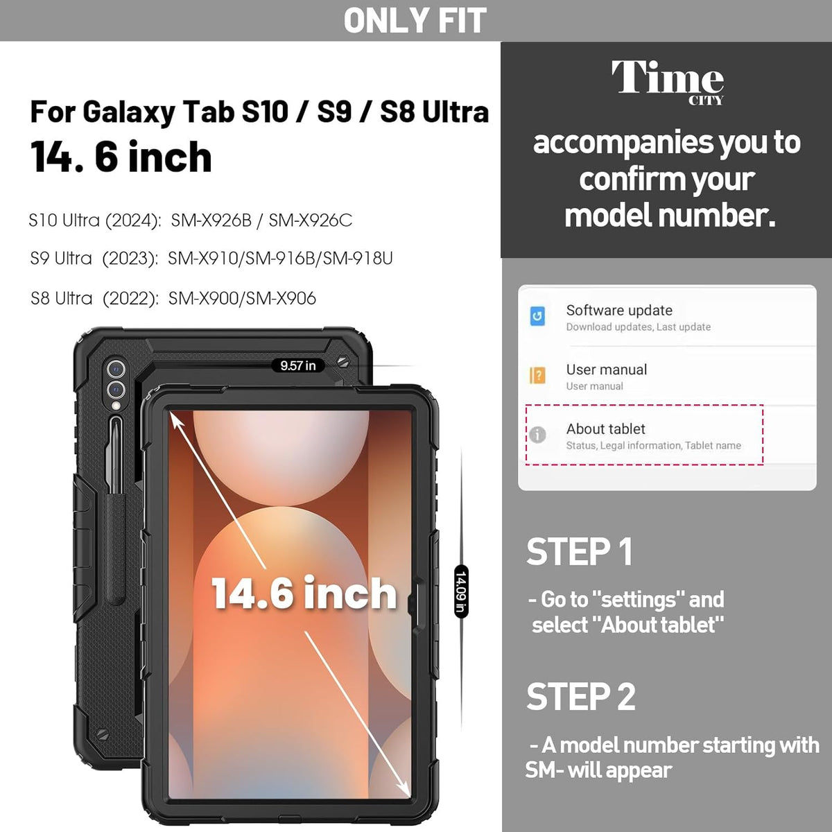 Timecity Case for Samsung Galaxy Tab S10 Ultra/ S9 Ultra/ S8 Ultra Tablet Case 14.6''- Heavy Duty Protective Cover with Screen Protector, Stand, Shoulder Strap & S Pen Holder | Kids-Friendly, Black