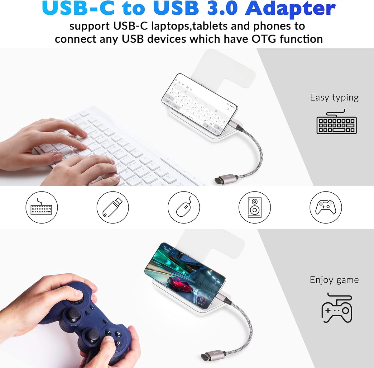 USB-C to USB 3.1 Adapter（2 Pack）, Nylon Braided Type-C OTG Cable USB C Male to USB A 3.0 Female Connector for iPhone 15，iPhone 15 ProMax, Samsung S23 Ultra, MacBook Pro, MacBook Air/Mini, Google Pixel
