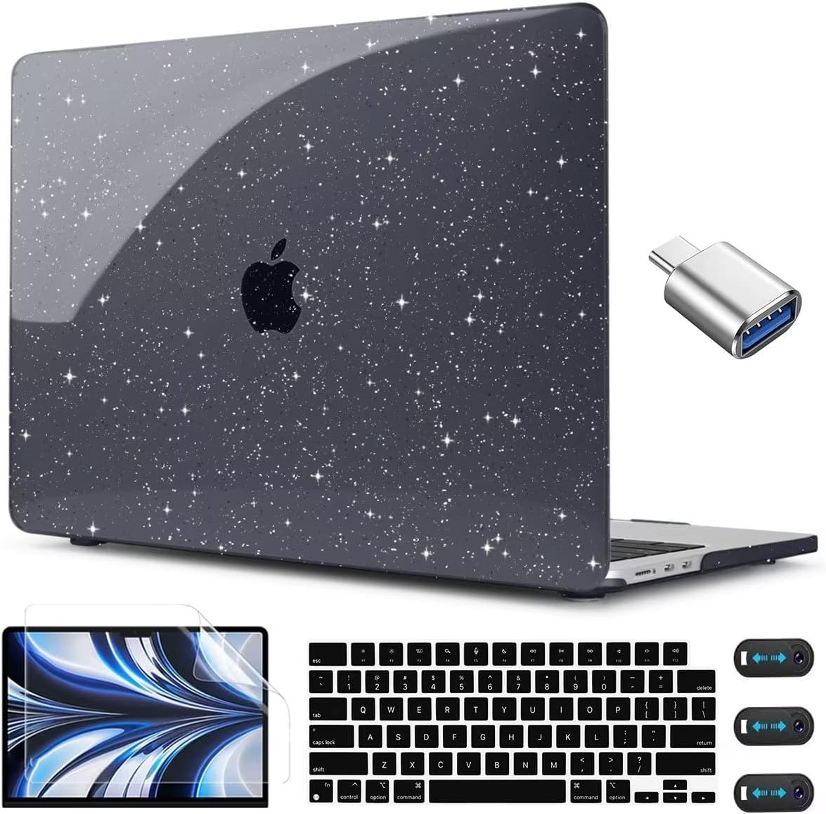 CISSOOK Black Glitter Case for MacBook Air 13.6 inch 2025 2024 2022 Release Model A3240 A3113 A2681, Sparkly Black Hard Shell Case with Keyboard Cover USB Adapter for MacBook Air 13 M2 M3 M4