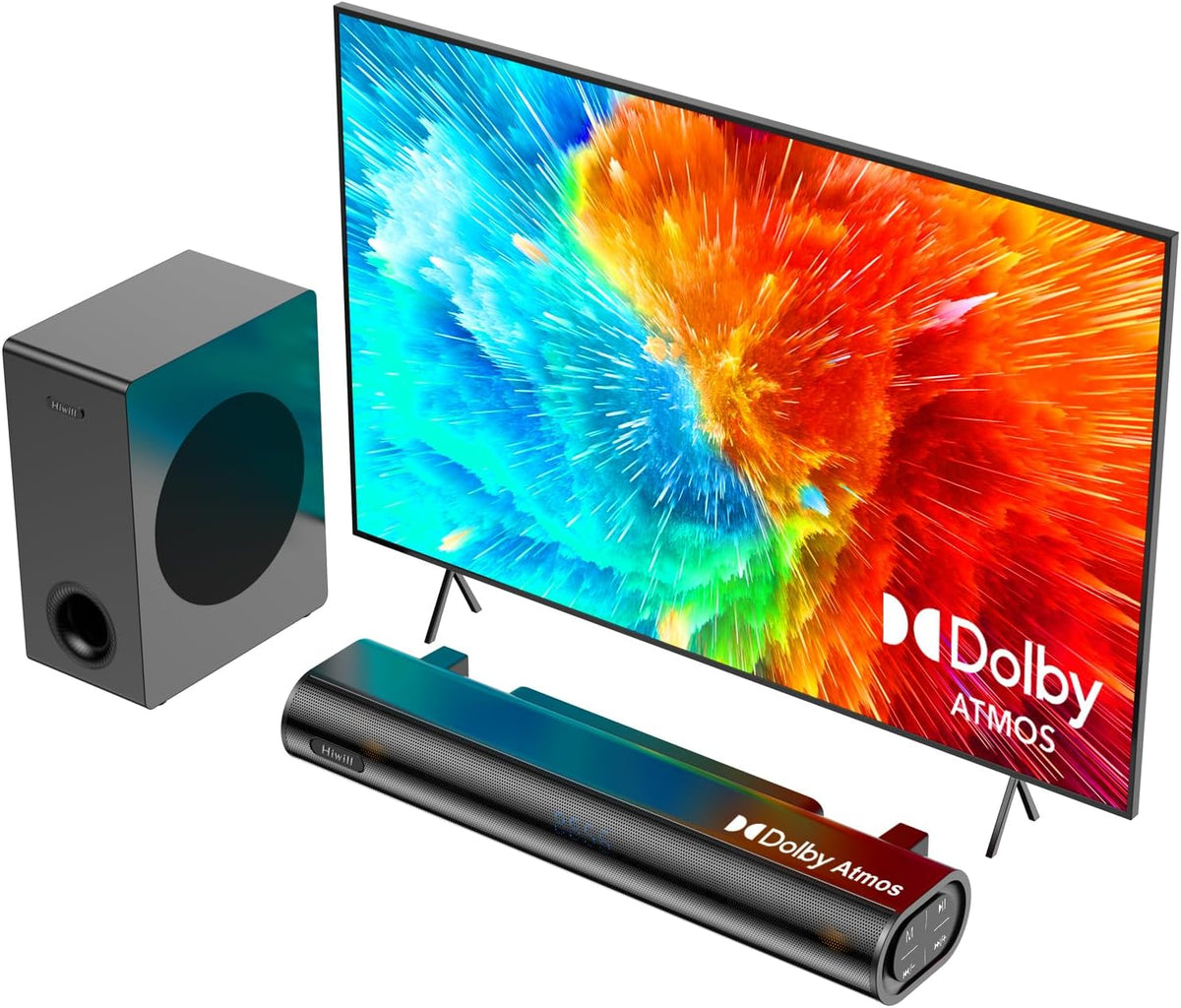 Hiwill 2.1CH Dolby Atmos Soundbar with Subwoofer, 200W Peak Power, Home Theater Sound Bar for Smart TV, Adjustable Treble and Bass, Clear Dialogue, HDMI eARC/ARC/Opt/BT/AUX, HiElite A21