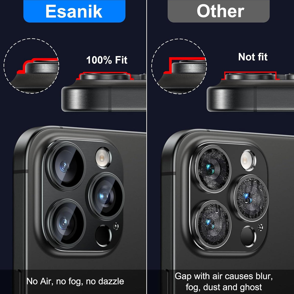 Esanik Upgrade 2 Pack for iPhone 15 Pro/iPhone 15 Pro Max Camera Lens Protector, Aluminum Alloy Metal matte Case Tempered Glass Camera Screen Cover, Scratch Resistant Case Friendly (Black)