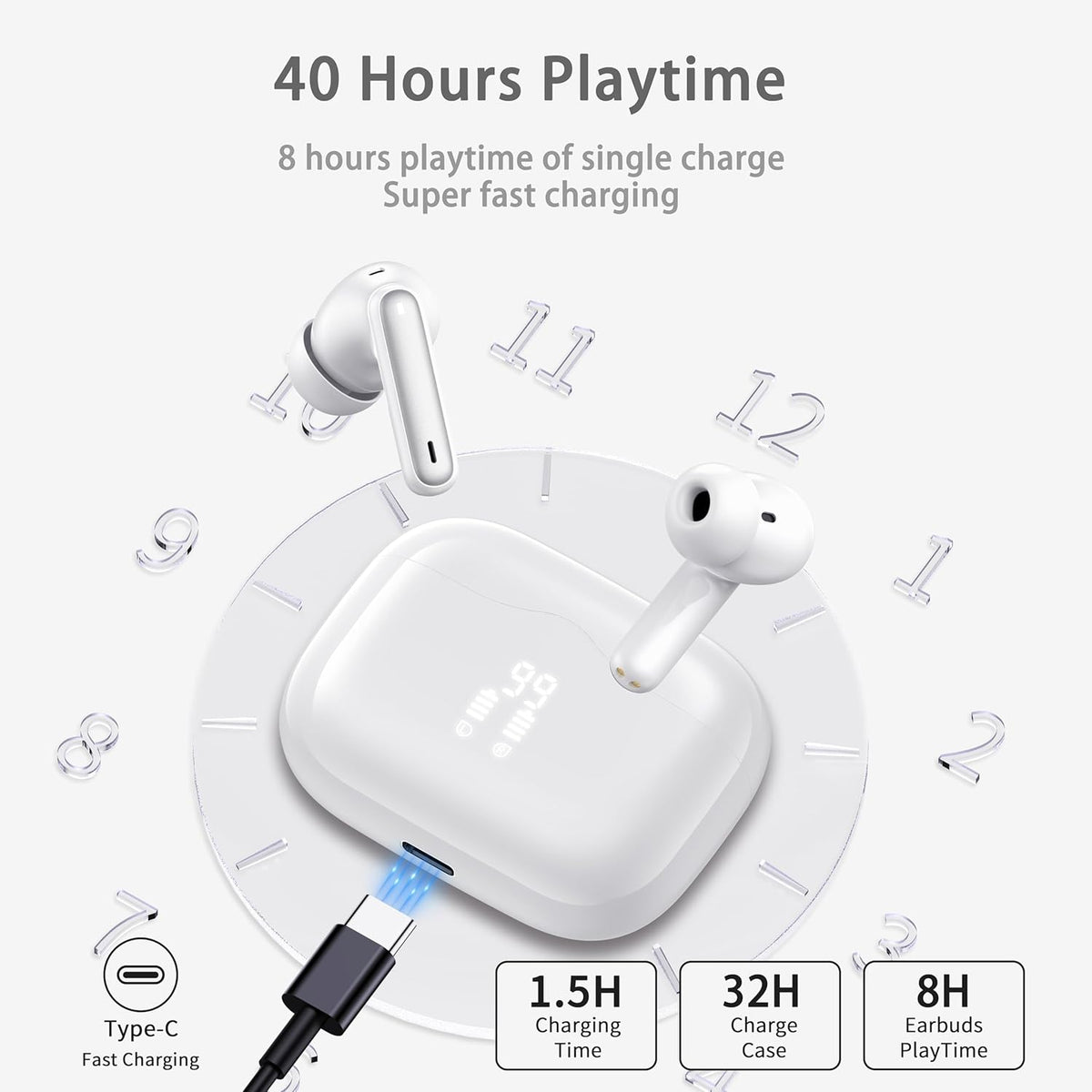 Wireless Earbuds, Bluetooth 5.4 Headphones in Ear with 4 ENC Noise Cancelling Mic, New Wireless Earphones HiFi Stereo Deep Bass 40H Playtime, In-Ear Bluetooth Earbuds LED Display IP7 Waterproof, White