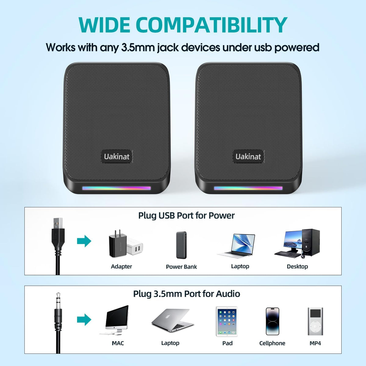 Computer Speakers,with 7 Colorful RGB Lights, Headphone Jack, Enhanced Bass and Volume Control, PC Speakers USB Powered Gaming Speakers for Laptop Monitor PC Tablet Phone