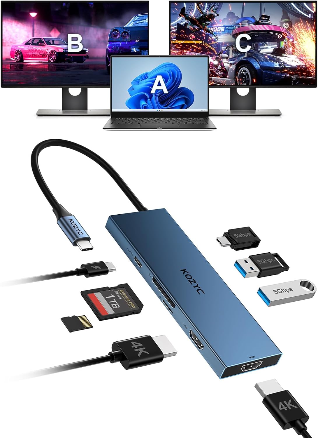 USB C Docking Station Dual Monitor, 8-in-1 USBC Hub with 2 HDMI Ports, USB-C 3.0, 2xUSB-A 3.0, SD/TF, 100W PD, Compatible with HP, Dell