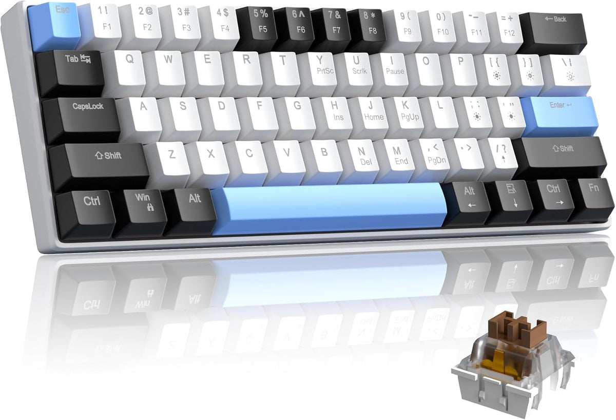 60% Mechanical Gaming Keyboard,Mixed Color Keycaps Gaming Keyboard with Brown Switches, Detachable Type-C Cable Mini Keyboard with Blue LED Light for PC/Laptop