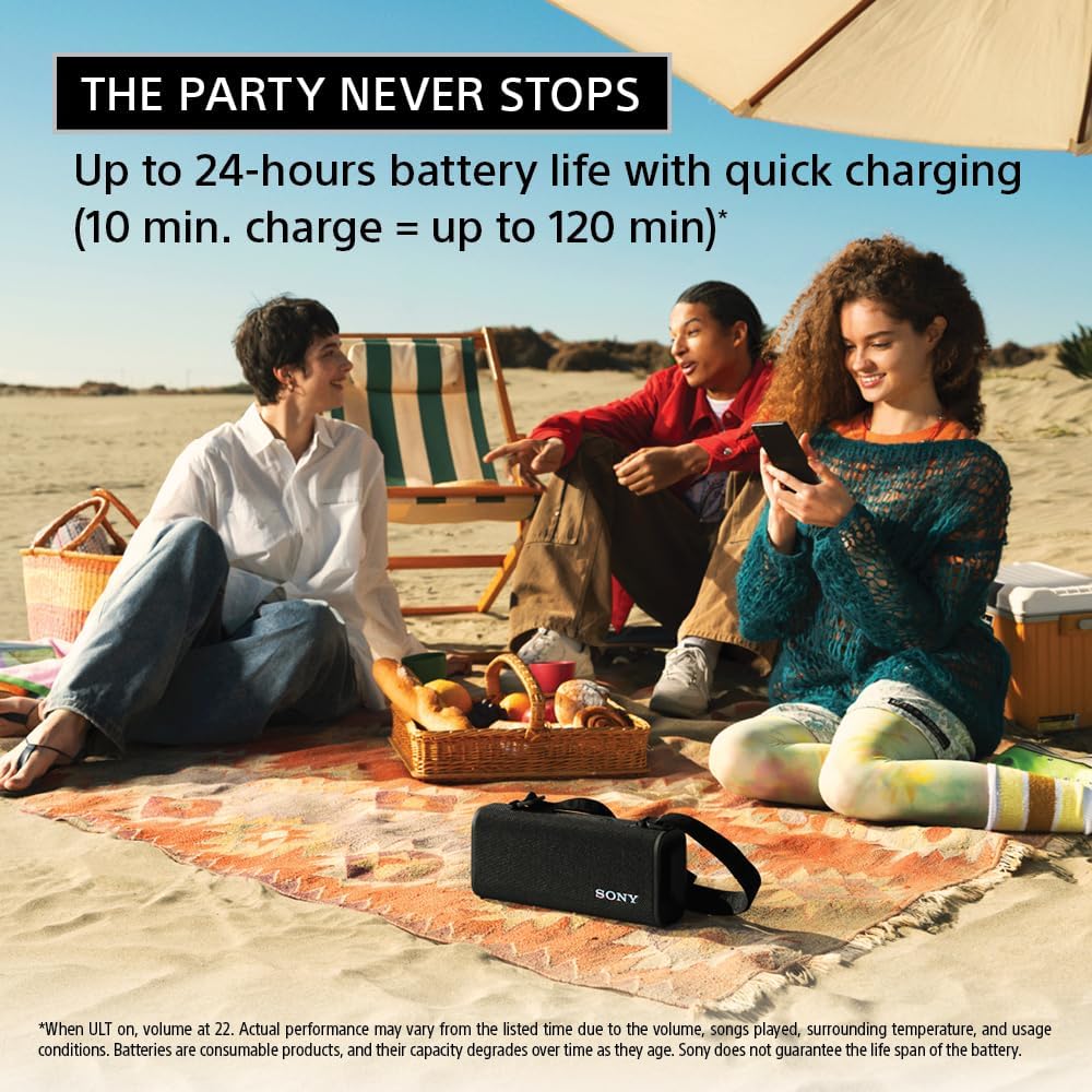 Sony ULT Field 3 Wireless Portable Bluetooth Speaker, IP67 Waterproof, Dustproof, Rustproof, and Shockproof with Enhanced Bass, 24 Hour Battery and Shoulder Strap (SRSULT30B), Black