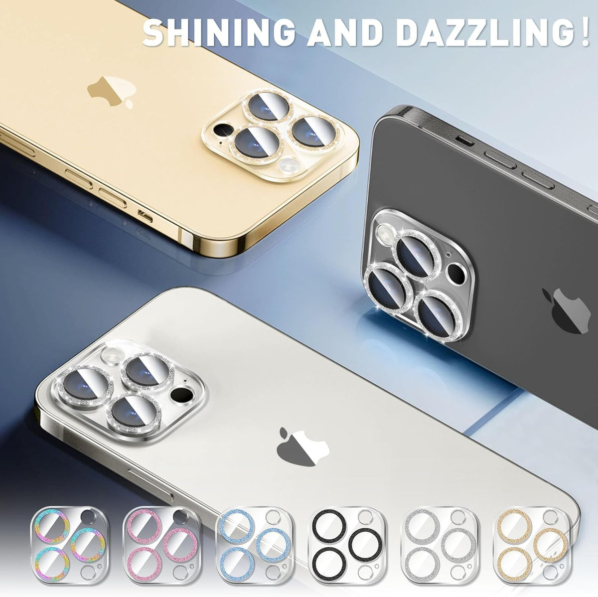 LucBuy 3PCS Sparkling Camera Lens Protector for iPhone 15 Pro/iPhone15 Pro Max, Full Clear Acrylic Cover with Shiny Colorful Glitter Designed Decoration Back Camera Protector