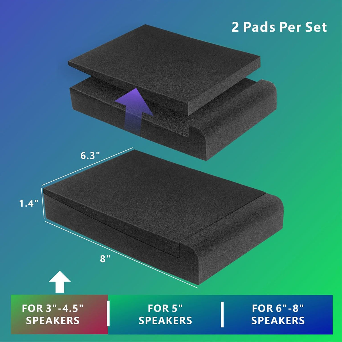 JBER 2 Pack Acoustic Isolation Pads, Studio Monitor Speaker Isolation Foam Pads, High Density Acoustic Foam Suitable for 3-4.5 Inch Speakers for Sound Improvement Prevent Vibrations (8 * 6.3 * 1.4")