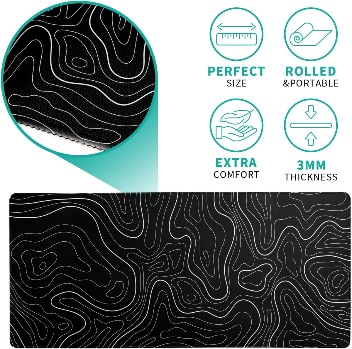 Topographic Contour Black Gaming Mouse Pad XL Geographic Map Lines Extended Big Large Desk Mat Non-Slip Rubber Base Stitched Edge Long Keyboard Mousepad for PC Computer Laptop,31.5x11.8 Inch