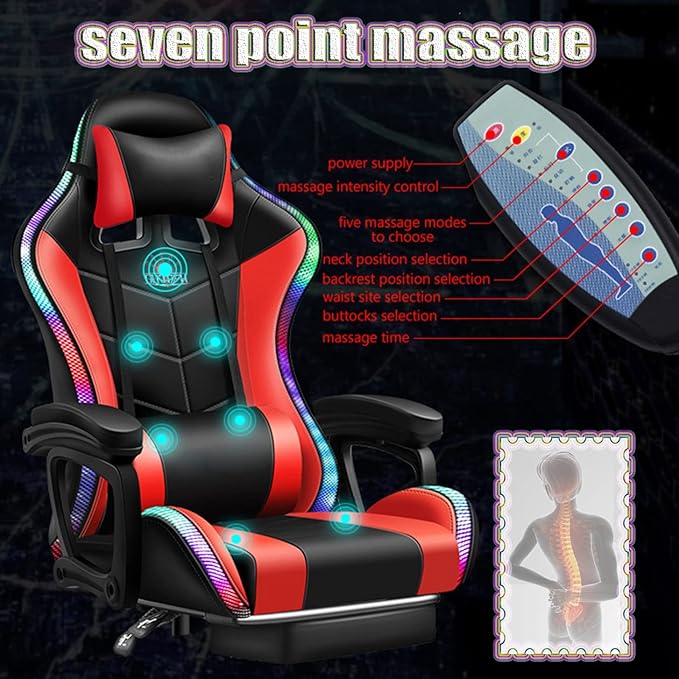 Gaming Chair with LED Light Ergonomic Chair with Massage and Bluetooth Speaker Executive Office Chair with Footrest 360° Rotation90-135° AdjustableSuitable for Office Bedroom Gaming