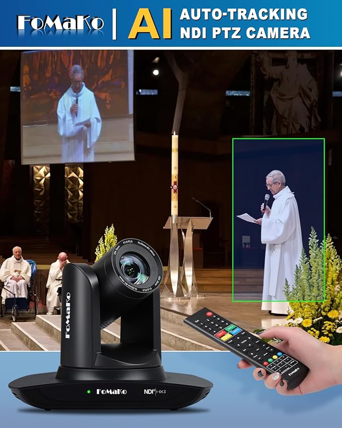 FoMaKo NDI PTZ Camera AI Auto-Tracking Gen 3 20x Optical Zoom LAN USB3.0 HDMI PTZ Camera for Church Services Worship Education (NDI 6 &amp NDI HX3) FMK20UH NDI-B (Black Color)