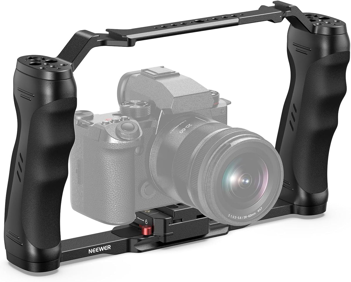 NEEWER Video Camera Cage Rig with Arca Type Quick Release Plate, Double Handles, 3/8" ARRI 1/4" Threads, Cold Shoes, Universal Camera Stabilizer, Compatible with SmallRig NEEWER Base Plate, CA077