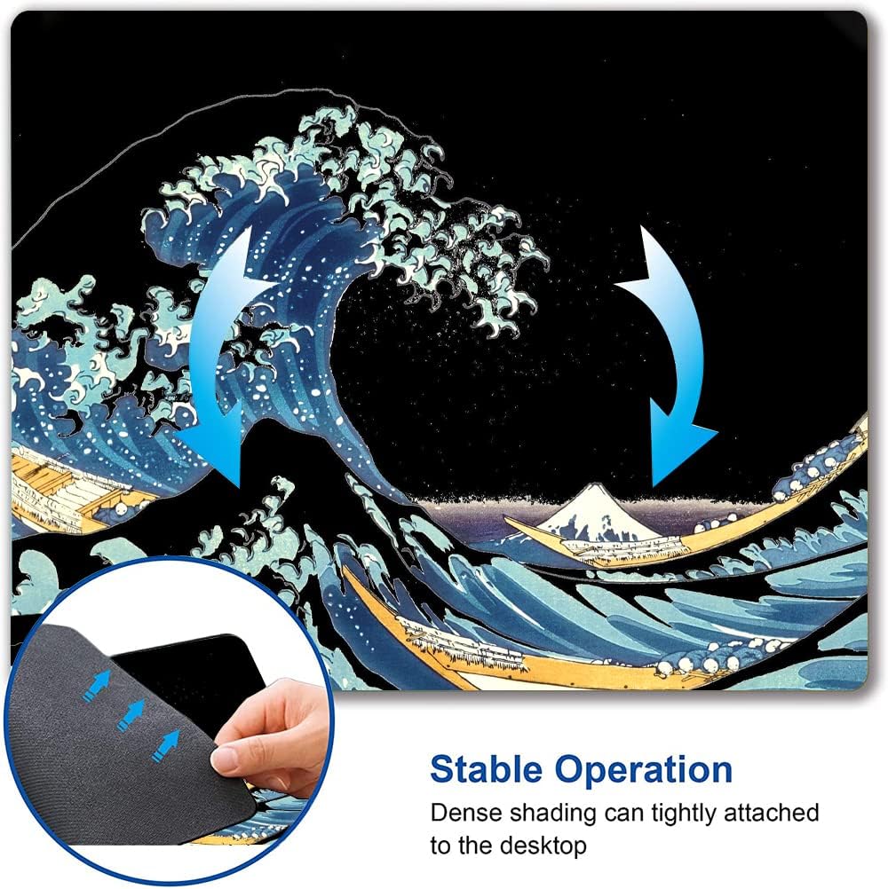 Japanese Sea Wave Mouse Pad, Square Mouse Mat Waterproof Non-Slip Rubber Base MousePads