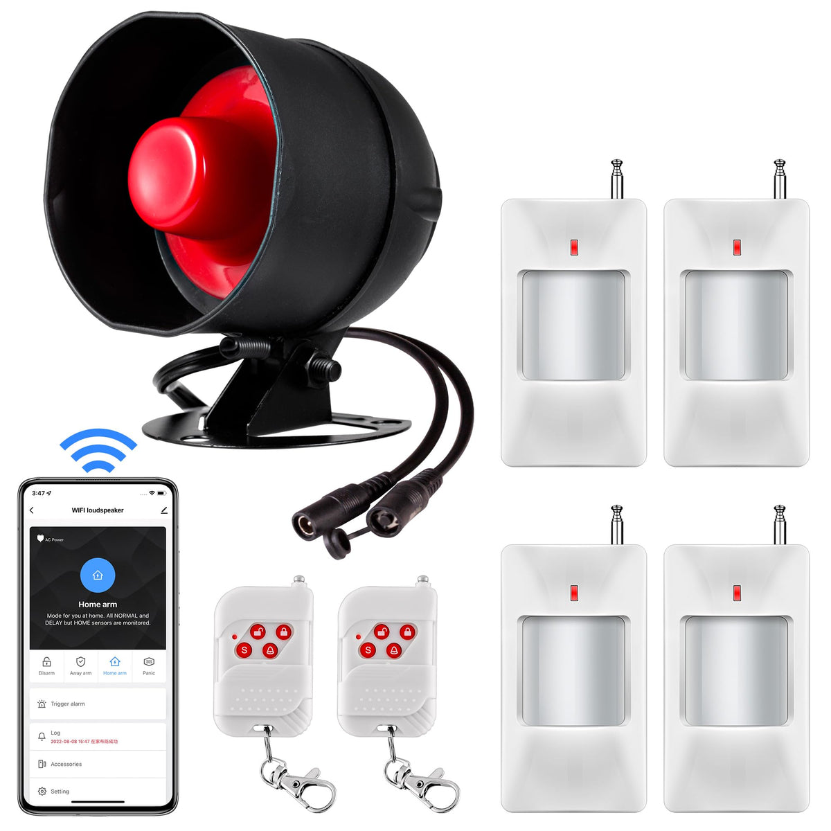 WiFi Alarm Home Security System, 120dB Alarm System with Motion Sensor and Remote Control, Home Alarm System for Shed Garage Alarm