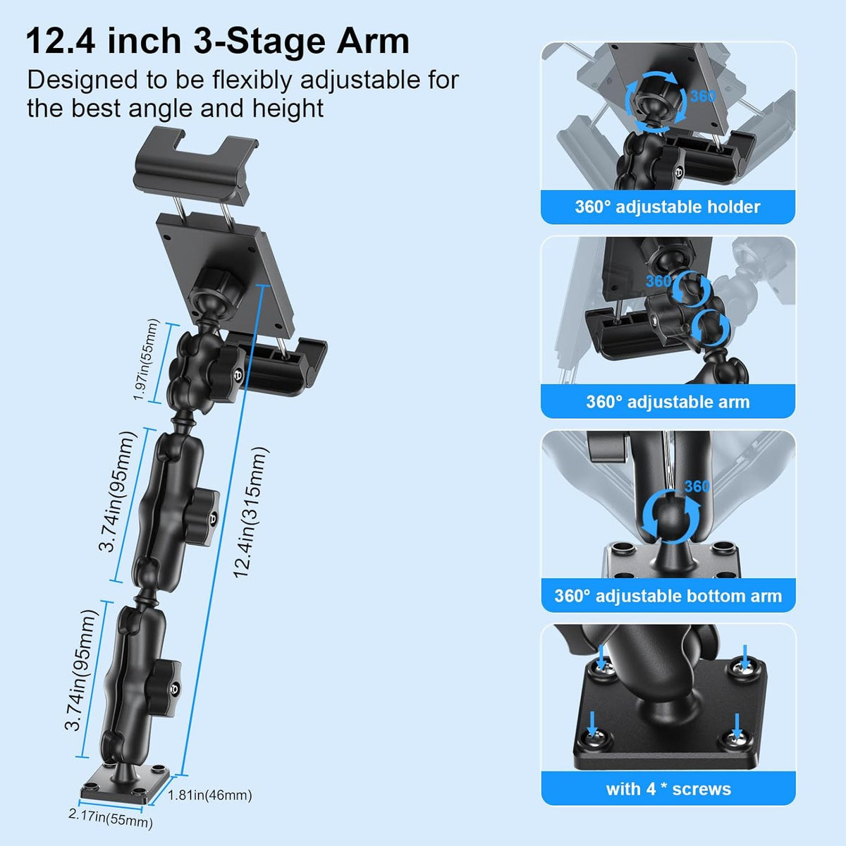 PLDHPRO Tablet Holder for Car Dashboard Heavy Duty Drill Base 360° Adjustable 3-Stage Stand Dash Mount Compatible with iPad, Galaxy Tab, Fire HD, 5.1-15.6'' Phone Tablets for Truck Wall Desk Vehicle