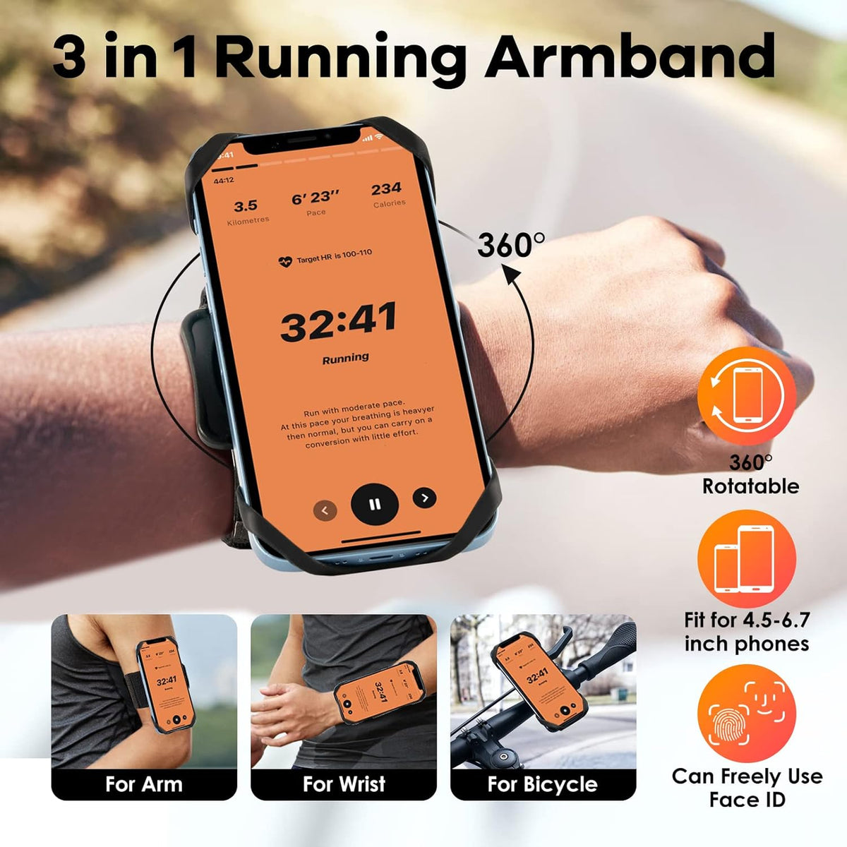 Cikyner Running Armband, Upgraded 3 in 1 Running Phone Holder Sports Armband Bicycle Phone Holder 360° Rotatable & Detachable Running Phone Armband for 4.5-7'' iPhone for Gym Running Hiking