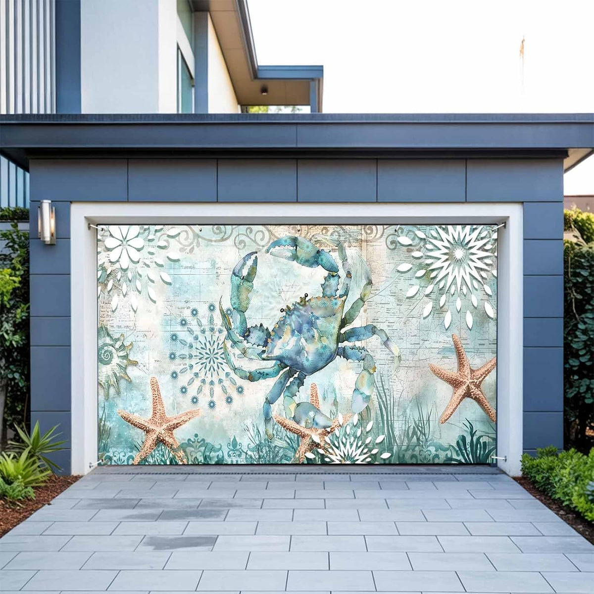 GNAKT AREWG 13x6ft Summer Garage Door Banner Cover Coastal Crabs Starfish Waterweed Garage Door Decoratons Banner