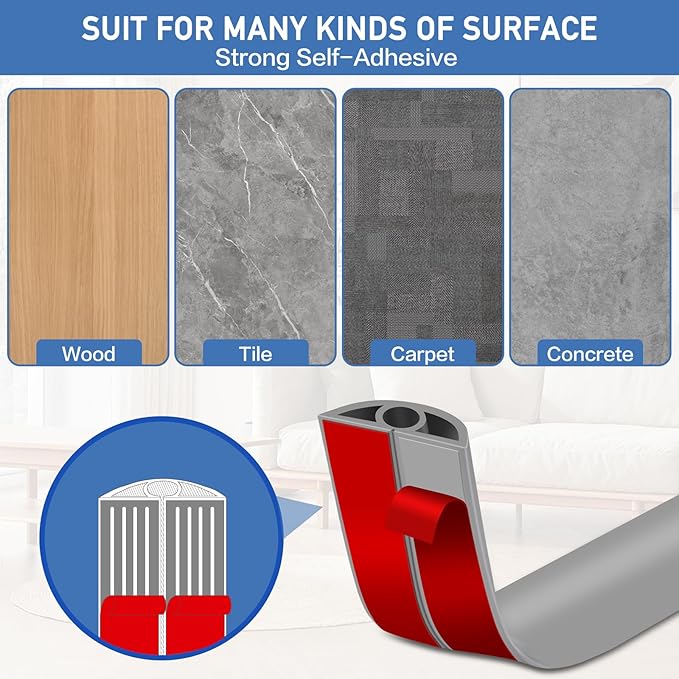 Floor Cord Cover Self Adhesive Cord Hider Floor Extension Cord Covers for Floor Power Cord Protector Cable Management Prevent Cable Trips Cable Cavity 0.32" W x 0.32" H (Grey, 10Ft)