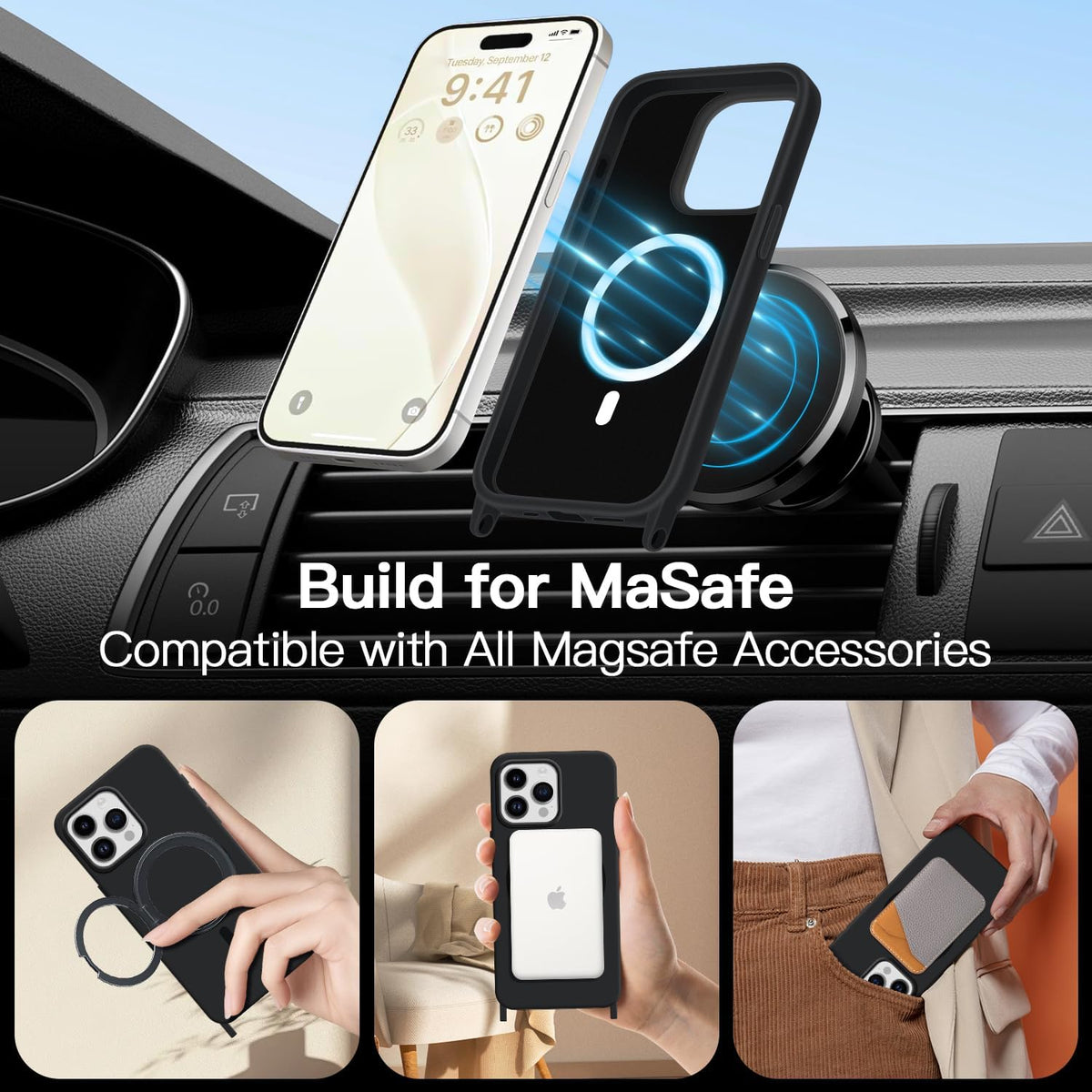 for iPhone 15 Case with Lanyard [Compatible with MagSafe], Crossbody Phone Case with Neck Strap Adjustable, Magnetic Phone Cover for iPhone 15 6.1'' Black