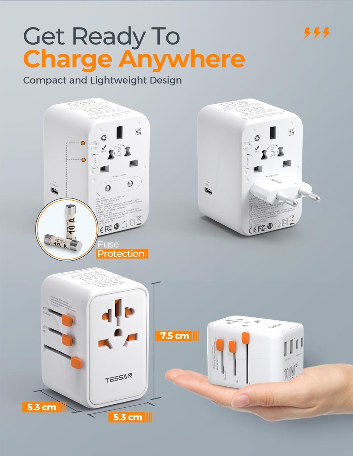 TESSAN Universal Travel Adapter 100W GaN, International Power Adapter with 5 USB(3 USB C) Charging Ports, Worldwide Outlet for US to European Europe UK AUS Ireland(Type C/G/A/I)