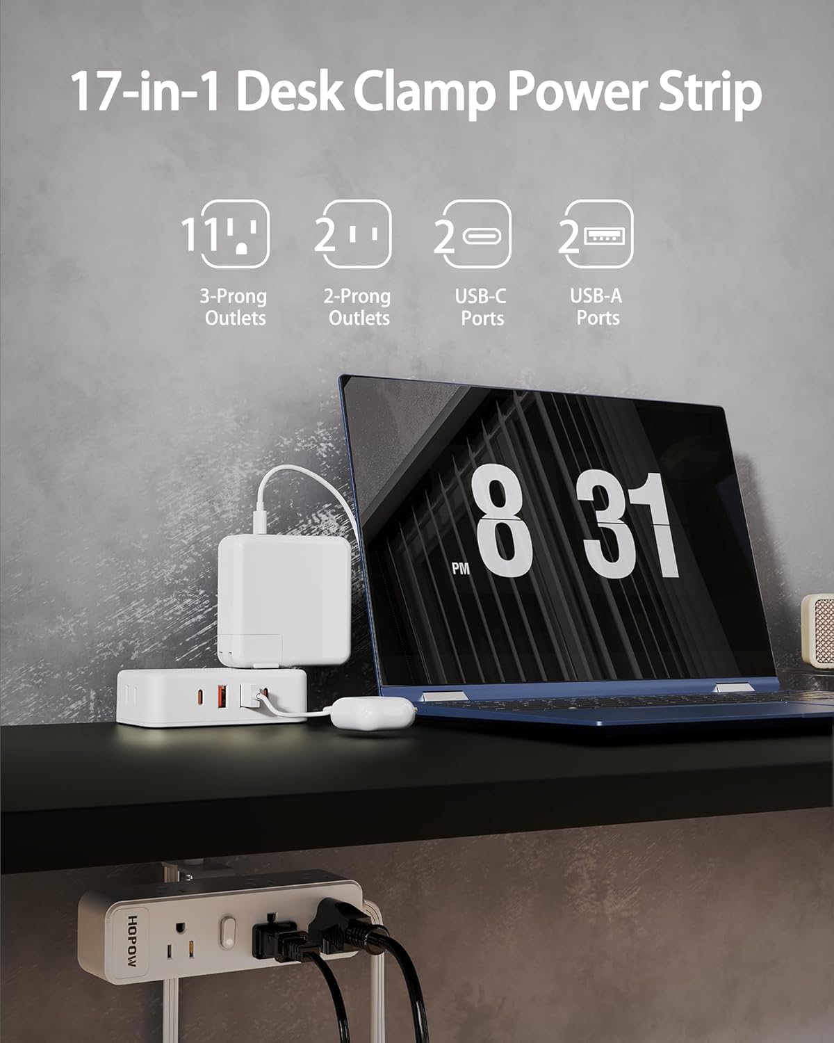 HOPOW 13 4 (2 Protector(1700 10 Dual Layer Desk Clamp Power StripWhite, Desktop Edge Mount Charging Station