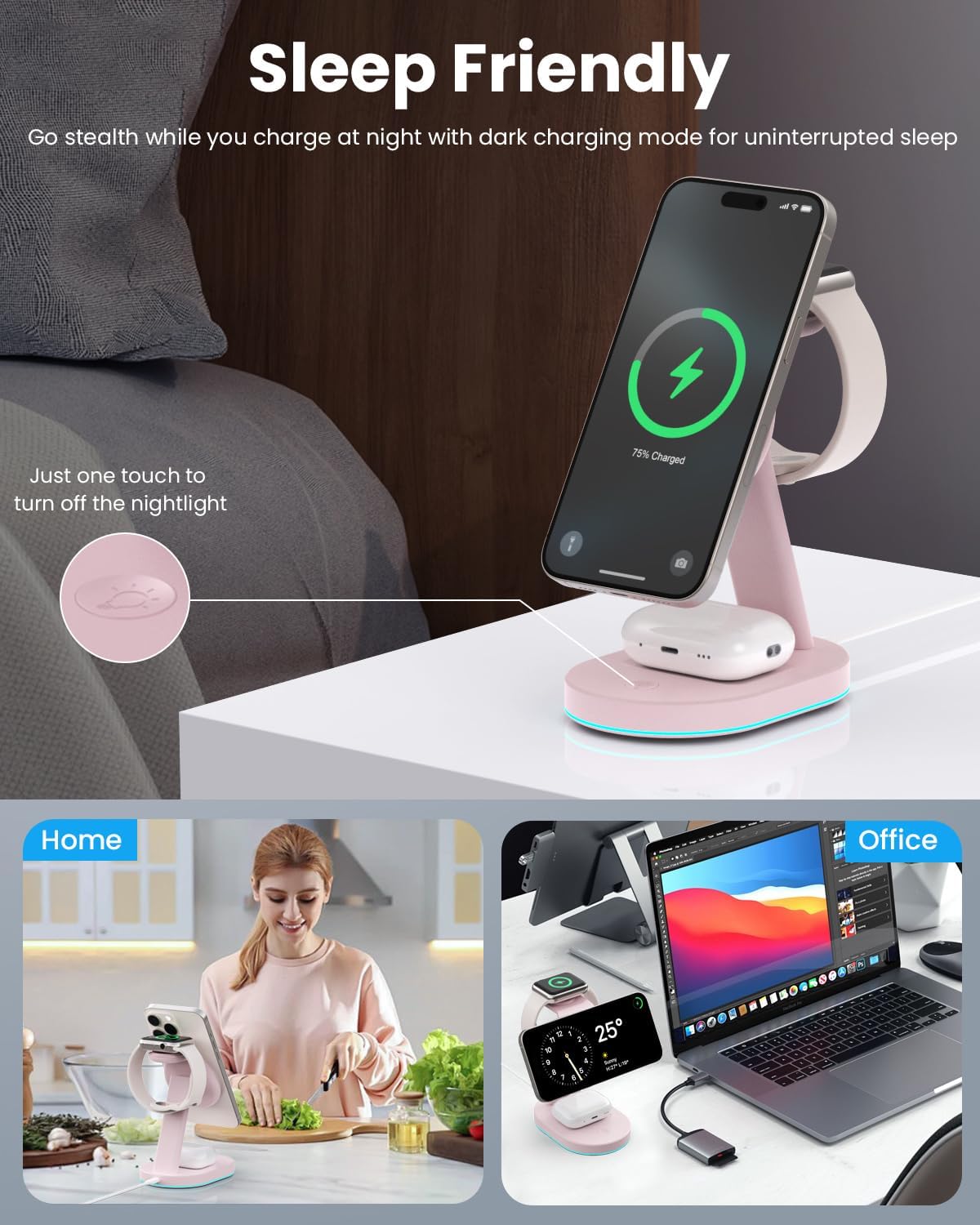 3 in 1 Wireless Charger Charging Station for iPhone,Qi2 Certified 15W Magnetic Charging Stand for Mag-Safe with 30W USB C Adapter&Friendly Night Light for iPhone 16/15/14/13/12,Apple Watch,AirPods