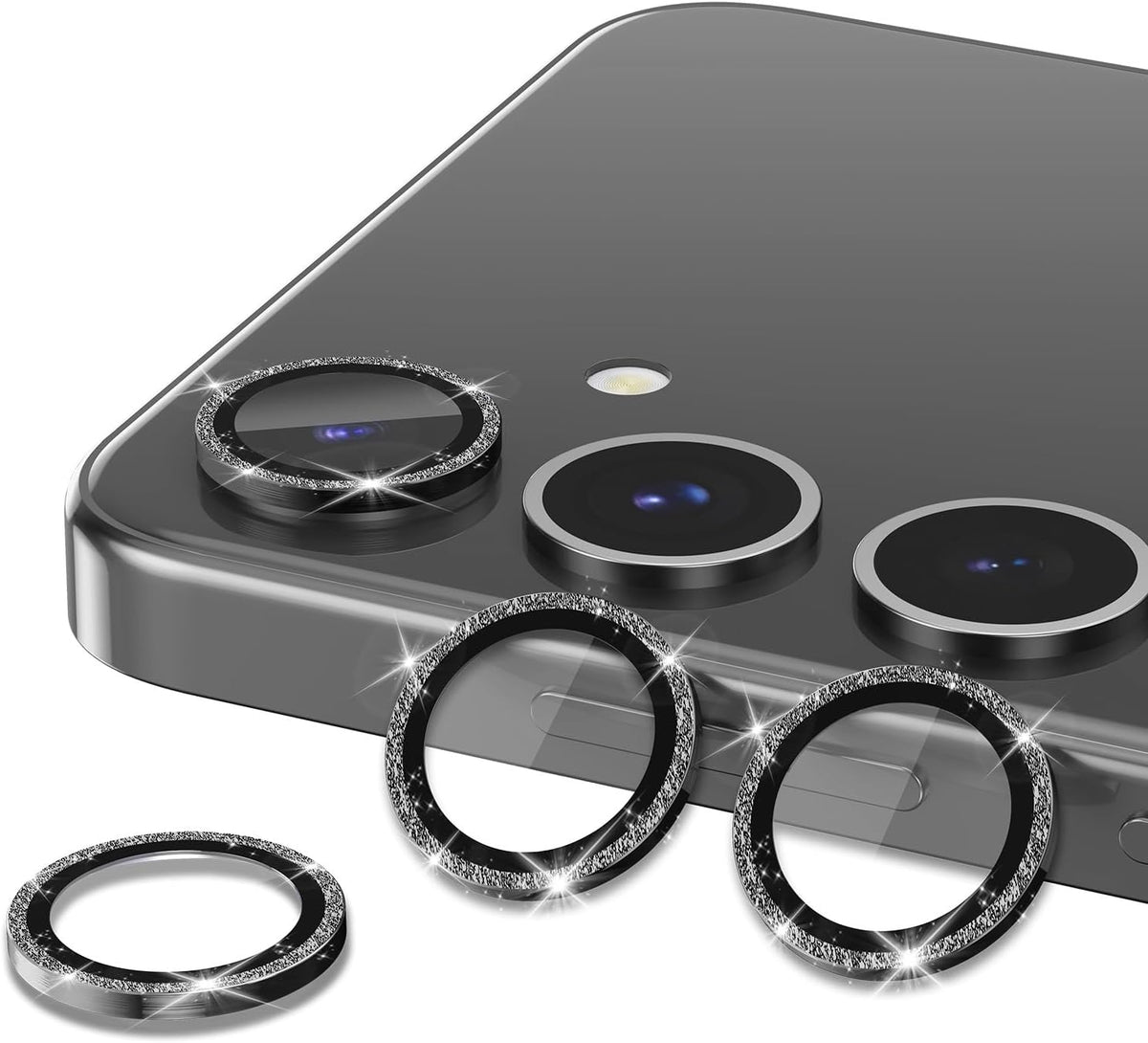 for Samsung Galaxy S25 Plus Camera Lens Protector, Individual Metal Ring Tempered Glass Lens Cover, [Strong Adsorption] Scratch Resistant Ultra-Thin HD Clear Lens Cover, 1 Set-Black Sparkly