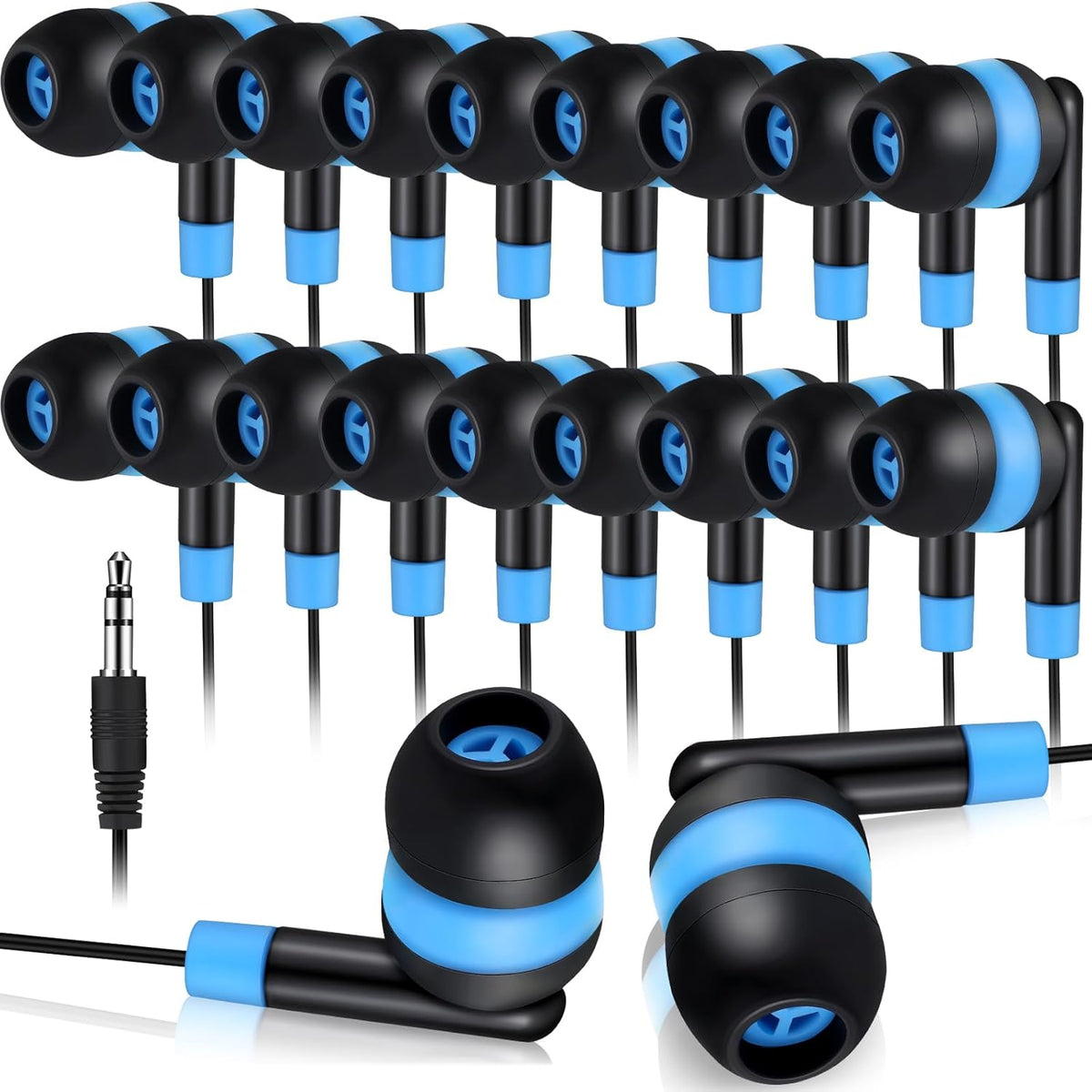 Kanayu 100 Pack Wired Earbuds Bulk for Classroom Ear Headphones Wired Basic Student Earbuds No Microphone with 3.5mm Jack for Kids Class Laptop School Library, Individually Bagged(Blue)