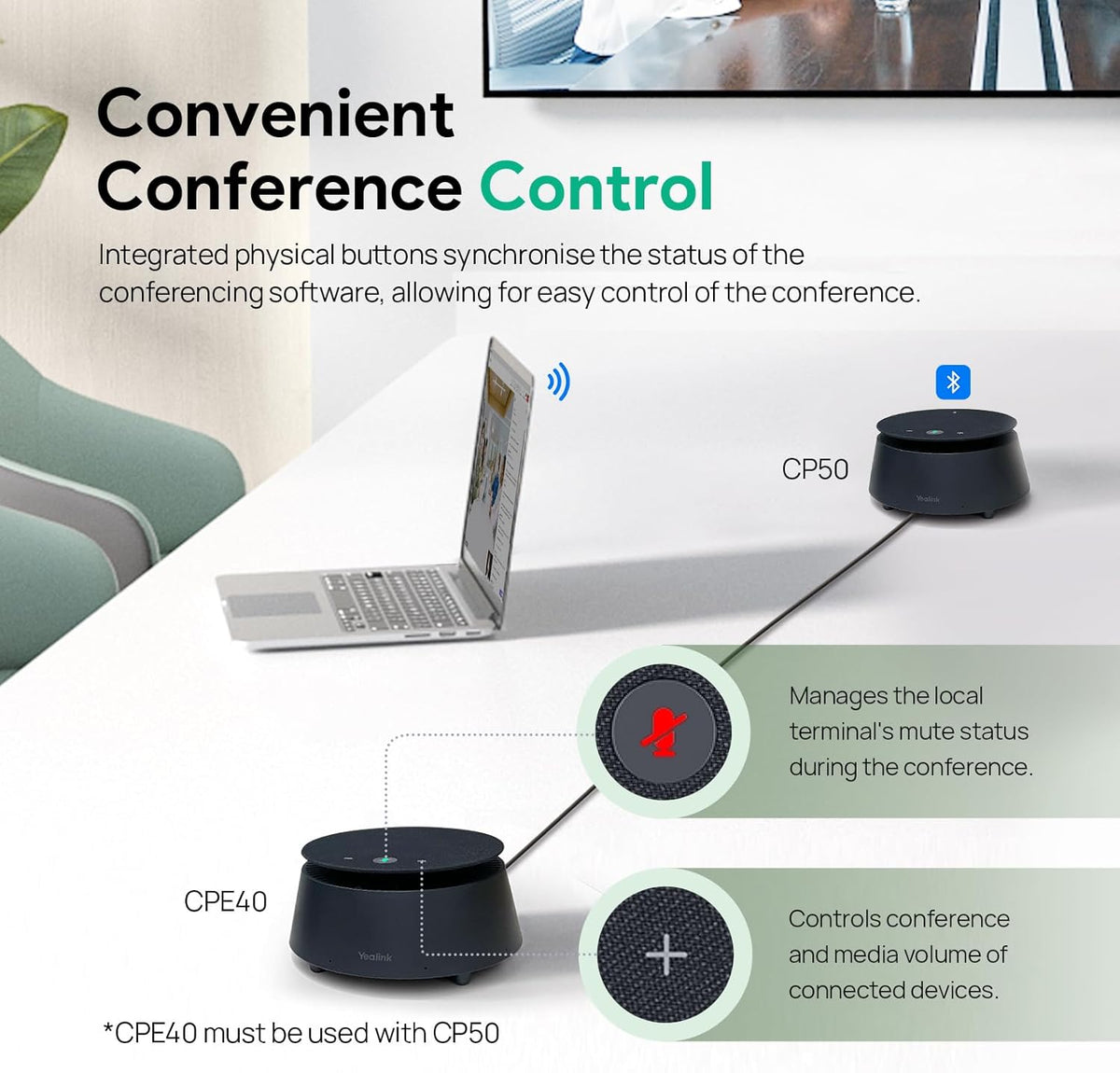 Yealink CPE40 Conference Speaker, Expansion Microphone for CP50, Ai Noise Cancellation, 8 360° Omni Mics Array, 19.6ft Pickup, Daisy Chain up to 7 Speakerphones for Zoom, Teams, Large Meeting Room