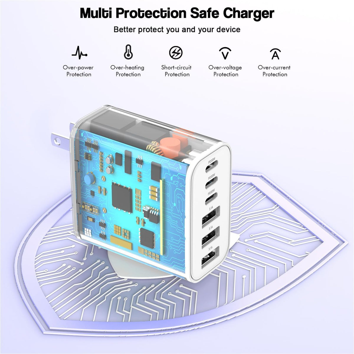65W USB C Charger Block, 2Pack 6-Port Fast Charging Block with 6ft Long TypeC to TypeC Woven Cable Cord, Multiport Plug, USB C Power Adapter for iPhone 16/16e/16 Pro/16 Pro Max/16 Plus/15,iPad,AirPods