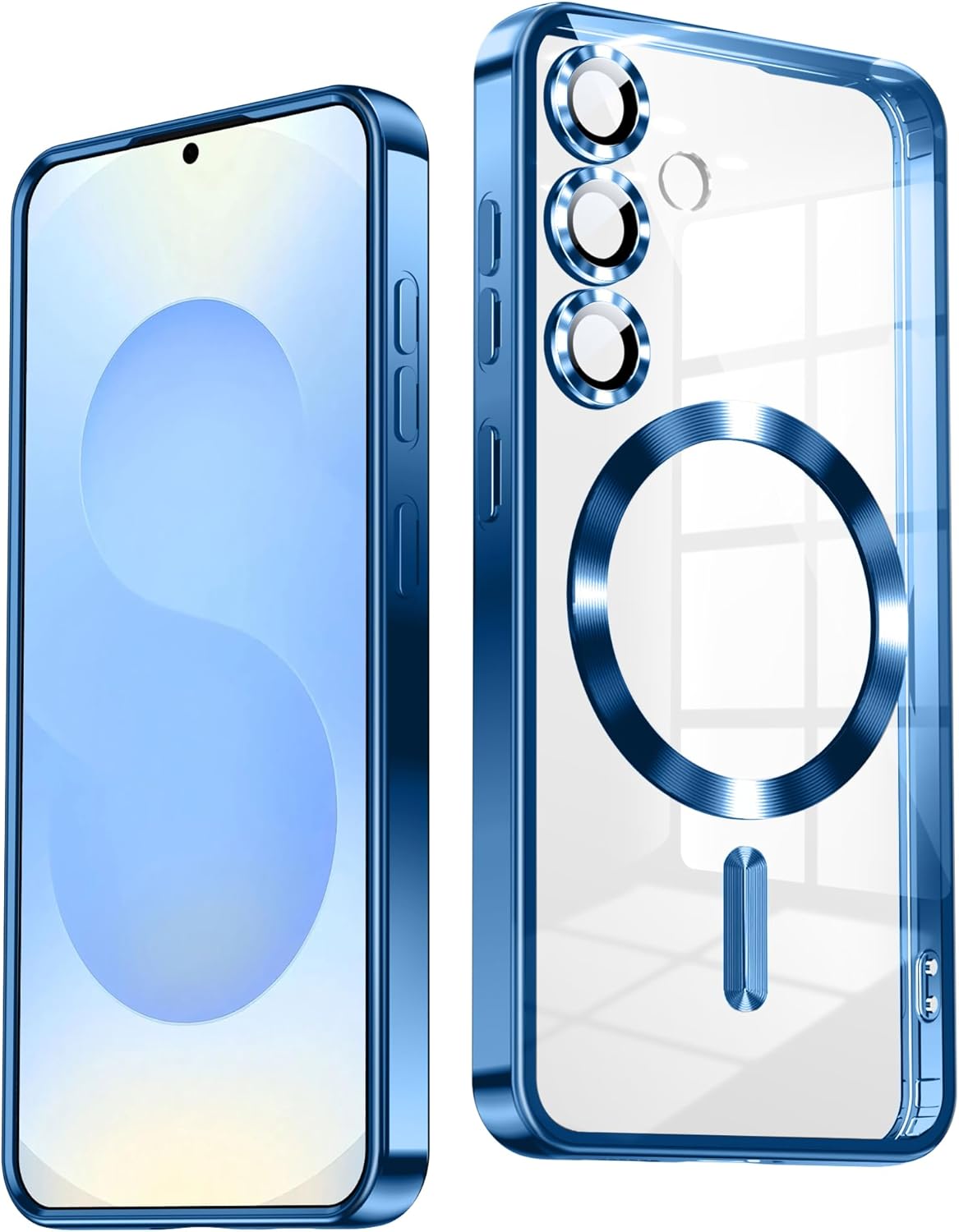 Slim Thin for Samsung Galaxy S25 Plus Case, Compatible with MagSafe, Built-in Camera Lens Protector, Shockproof Protective Phone Case, Soft Electroplated Clear Cover, Sapphire Blue