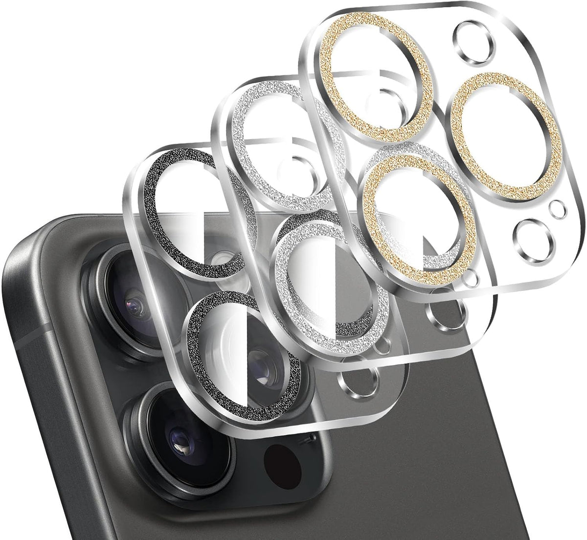 LucBuy 3PCS Sparkling Camera Lens Protector for iPhone 13 Pro/iPhone 13 Pro Max, Full Clear Acrylic Cover with Shiny Colorful Glitter Designed Decoration Back Camera Protector