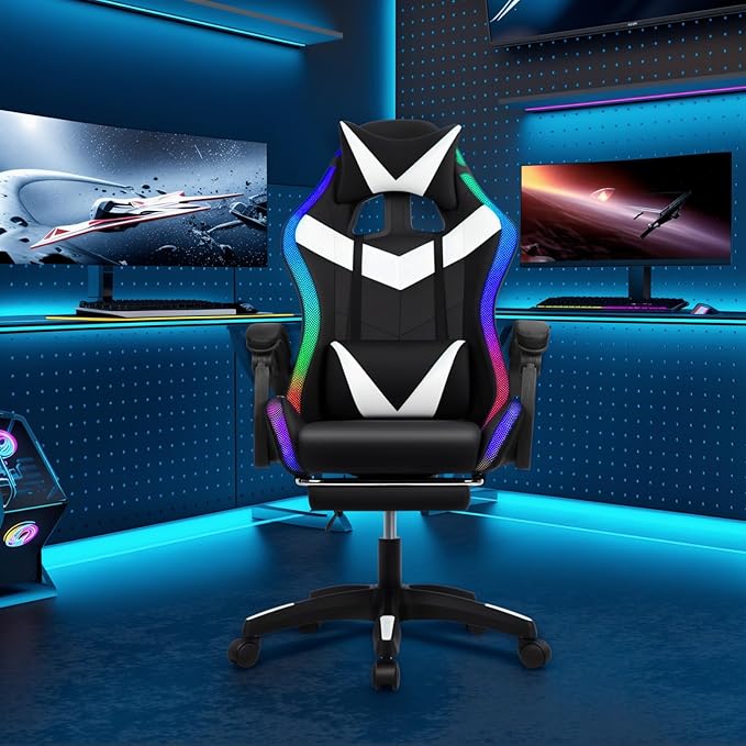 Gaming Chair Computer Chair with Footrest and Massage Lumbar Support Racing Executive Ergonomic Adjustable Swivel Task Chairs with Headrest and Lumbar Support (Black)