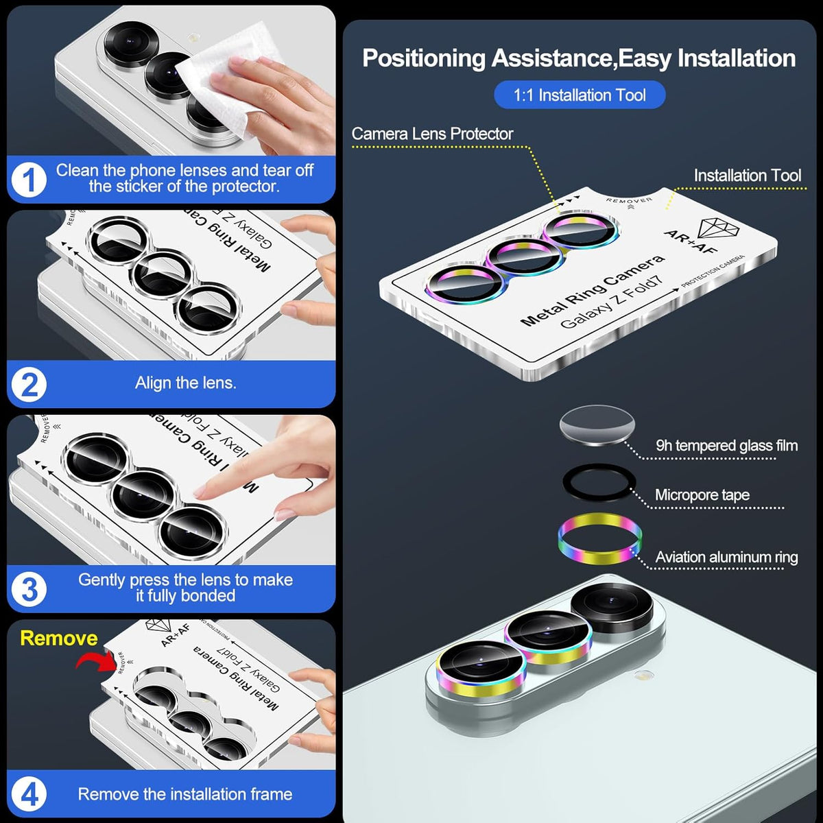 for Samsung Galaxy Z Fold 7 Camera Lens Protector, Individual Metal Ring Tempered Glass Lens Cover, [Strong Adsorption] Scratch Resistant Ultra-Thin HD Clear Lens Cover, 1 Set-Colorful Ring