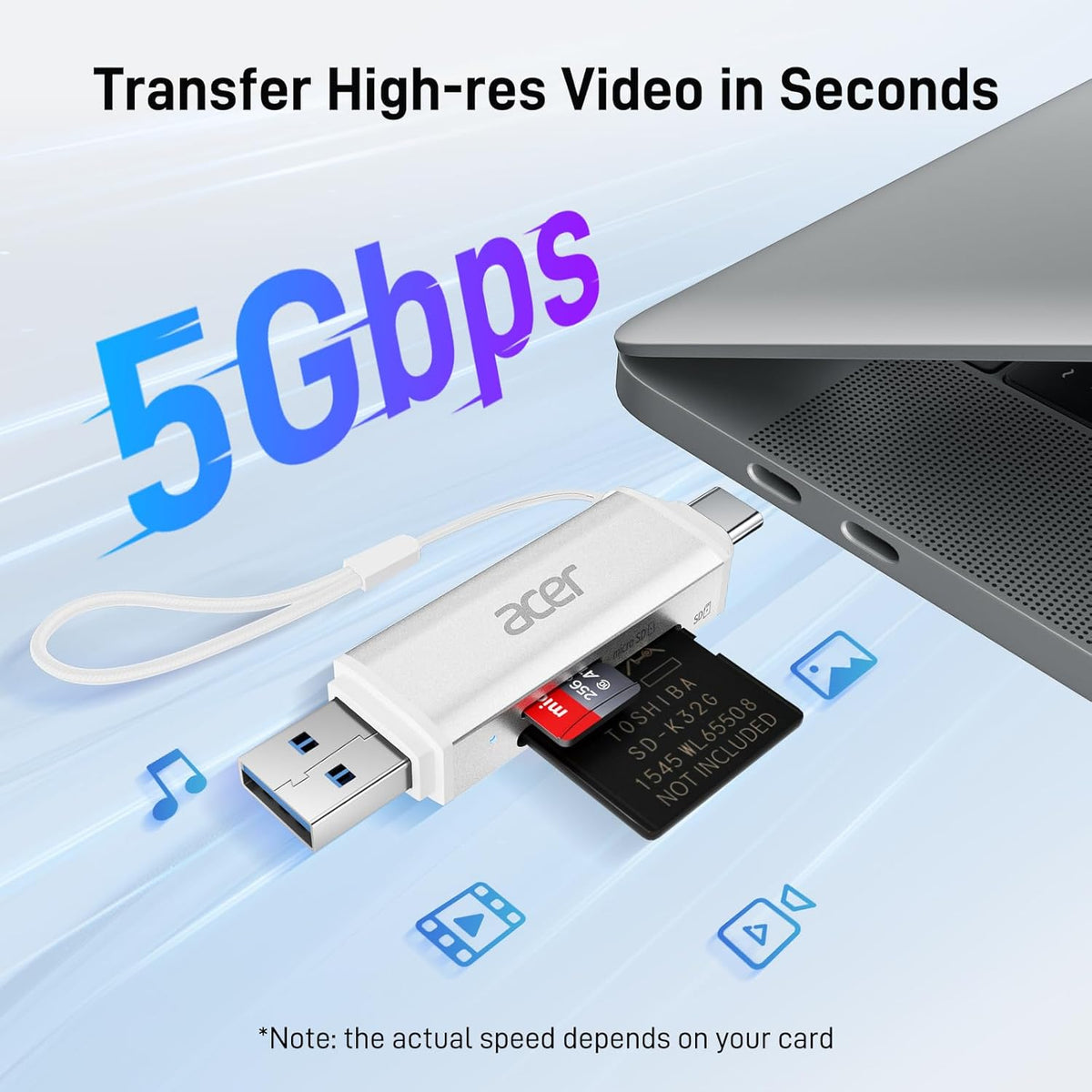 acer SD Card Reader USB C, Dual Slots USB 3.0 Type C to Micro SD Card Adapter, Memory Card Reader for MicroSD, SDHC, SDXC, Compatible with Laptop, PC, iPhone16/15, MacBook, iPad Pro, Android-Silver