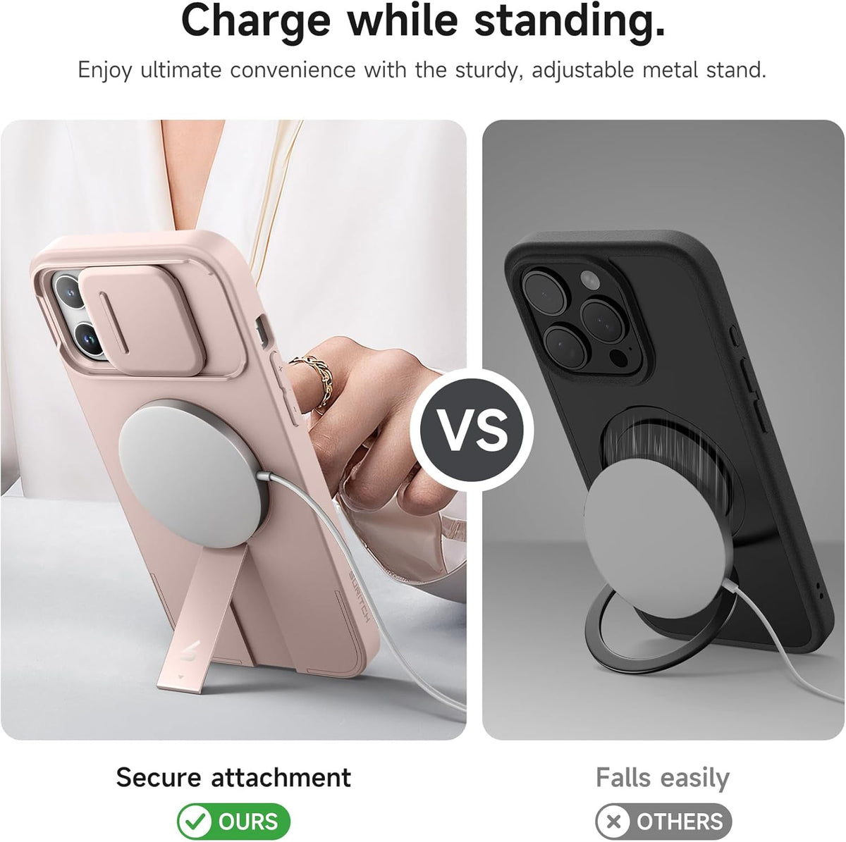 SURITCH for iPhone 13 Pro Max/12 Pro Max Case with Magnetic Camera Slide Cover and Adjustable Kickstand, Compatible with MagSafe, Shockproof Bumper Case Slim Protective Cover 6.7 Inch, Pink