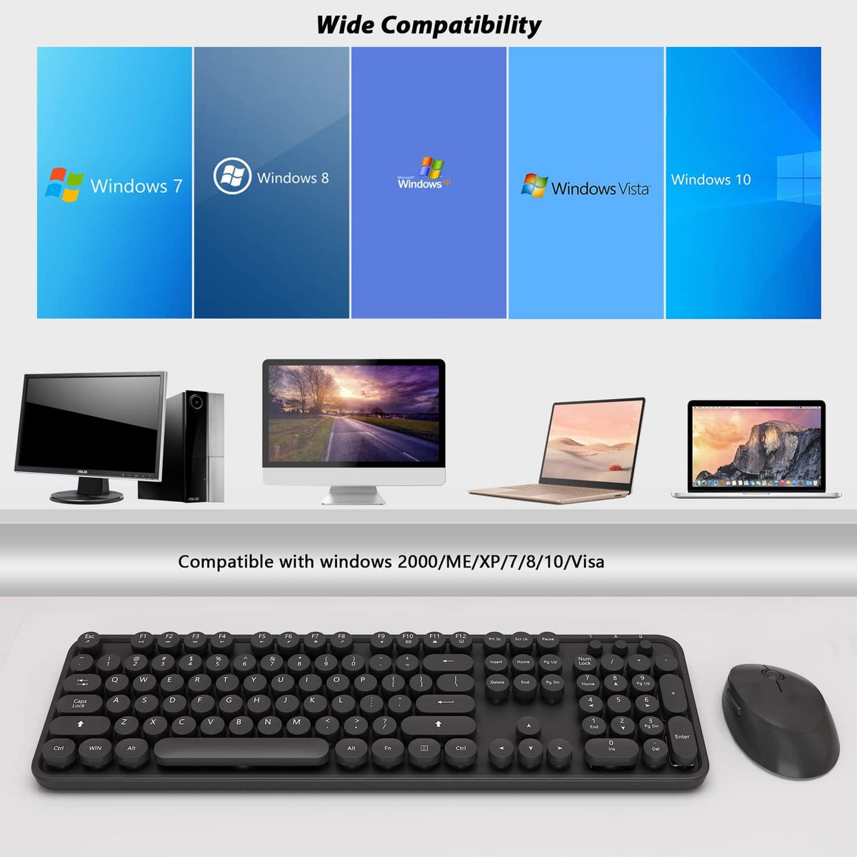 Wireless Keyboard and Mouse, KOOTOP Cute Black Keyboard and Mouse, 2.4G Wireless Keyboard with Retro Round Keycap for PC, Mac, Laptop,Tablet,Computer Windows (Black)