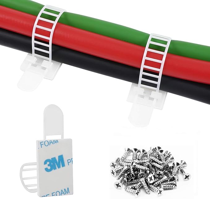 50Pcs Adhesive Cable Management Clips with 50Pcs Zip Ties, Adjustable Nylon Cable Strap Ties Wire Clips Clamps Organizer, Extra Screw & Hole - 3.35 Inch White