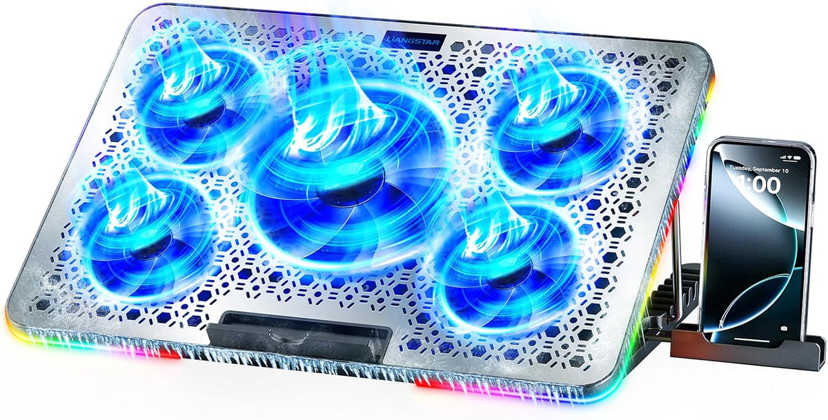 LIANGSTAR Laptop Cooling Pad, Laptop Cooler Gaming 5 Quiet Fans with Large Metal Plate for 12-17.3 Inch Fan Stable Stand, 4 Modes RGB Light, 7 Height & Adjust Speed, 2 USB Port & Phone Holder