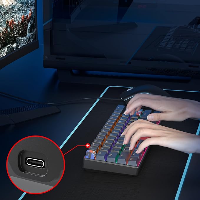 60 Percent Gaming Keyboard Mechanical with Linear Red Switch 60% Wired Ultra-Compact Mini Keyboard Rainbow with PBT Keycaps for Ps4/Ps5/Xbox(61 Blue)
