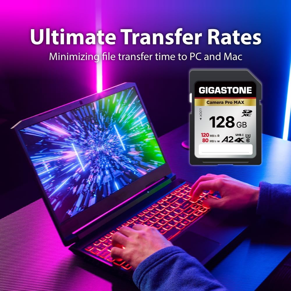 [5-Yrs Free Data Recovery] GIGASTONE 128GB SD Card, 4K Camera Pro MAX, A2 4K SDXC Memory Card High Speed 4K UHD Video Compatible with Canon Kodak Digital Camera, with 1 Mini case