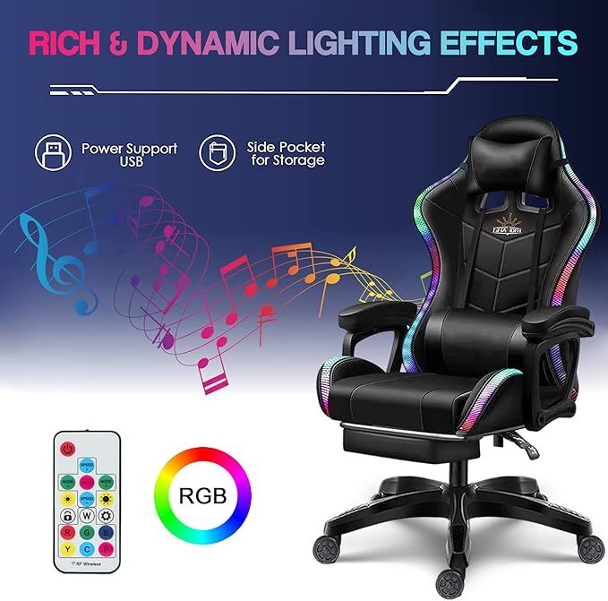 LED Gaming Chair Computer Gaming Chair with Bluetooth Speakers and RGB Lights Full Massager Gamer Chair Swivel Recliner Ergonomic Lumbar Support Video Game Chair for Adults TeensPink