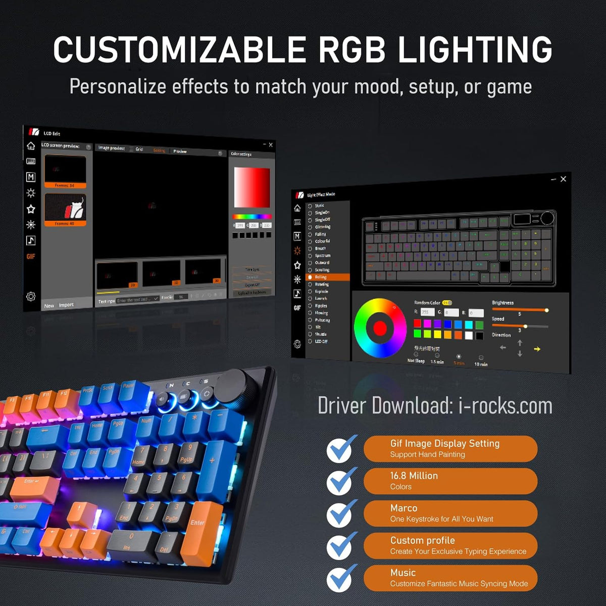 iRocks K74R Wireless RGB Illuminated Mechanical Gaming Keyboard, Hot-Swappable Switches, Floating Design, PBT 107 Keys NKRO, Detachable USB-C Cable - Midsummer Black (Brown Switches)
