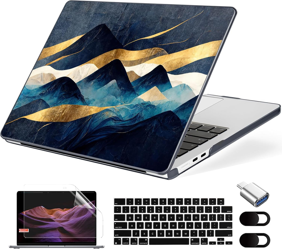 Compatible with MacBook Air 13.6 inch Case, M4 A3240/M3 A3113/M2 A2681 (Released 2025 to 2022), Hard Shell, Keyboard Cover, Screen Protector, Webcam Cover & Type-C Adapter, Mountain