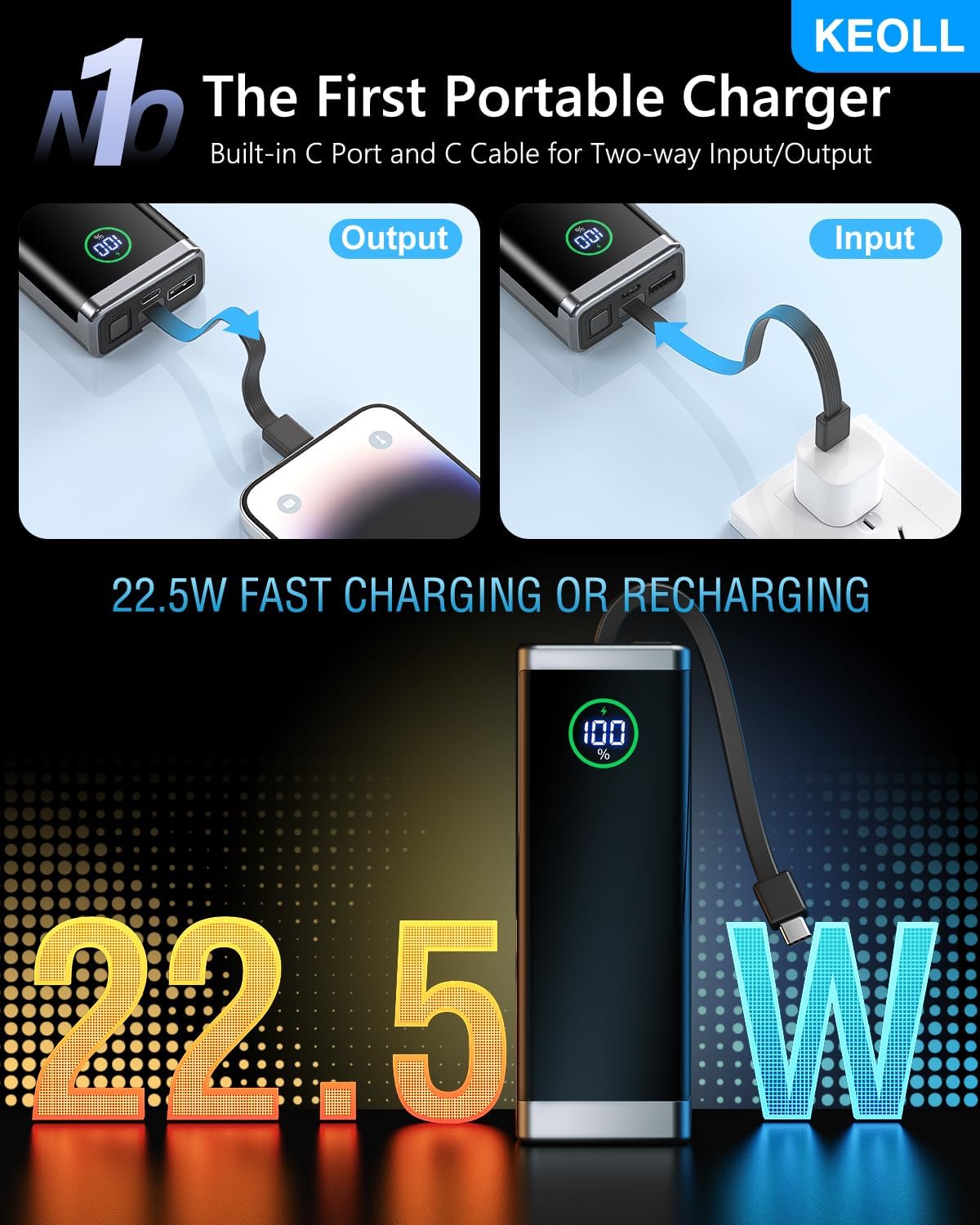 Portable Charger 40000mAh Power Bank, 22.5W Fast Charging Battery Pack with Built-in USB-C Cable, Ultra-High Capacity Portable Phone Charger Powerbank for iPhone 16 15 14 13/ Galaxy S24 S22- 1 Pack