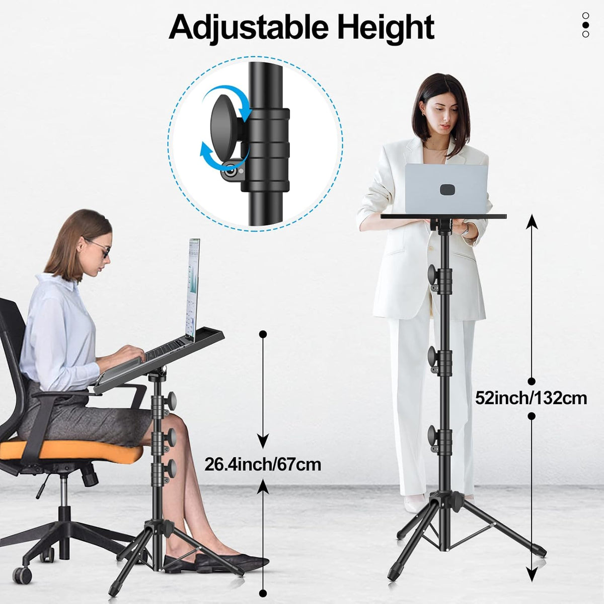 Projector Stand Tripod, Portable Laptop Floor Mount Adjustable Height 26 to 52 Inch with Gooseneck Phone Holder for Outdoor Movies-Detachable Computer DJ Racks