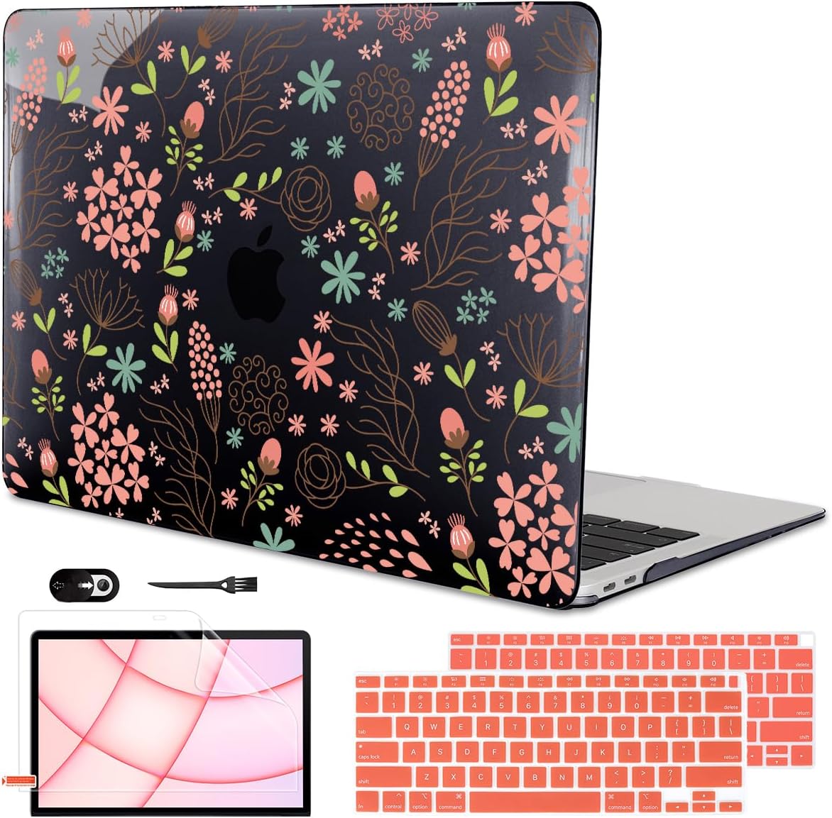 for MacBook Air 13 inch Case 2021 2020 2019 2018 Release M1 A2337 A2179 A1932, Pritned Pattern Plastic Hard Case Cover for MacBook Air 13.3" Retina Display Touch ID, Seamless Flower Black