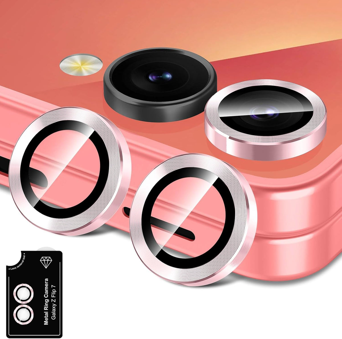 for Samsung Galaxy Z Flip 7 Camera Lens Protector, Individual Metal Ring Tempered Glass Lens Cover, [Strong Adsorption] Scratch Resistant Ultra-Thin HD Clear Lens Cover, 1 Set-Pink
