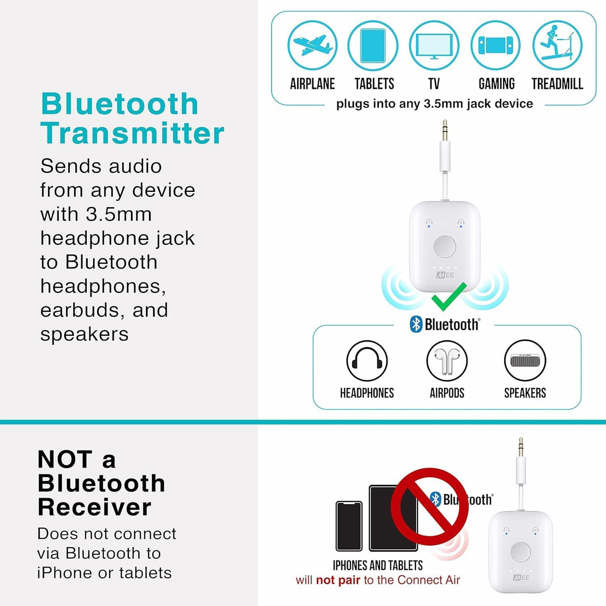 MEE audio Connect Air in-Flight Bluetooth Wireless Audio Transmitter, with Extra Dual 3.5mm Jack AUX Adapter, for up to 2 AirPods/Other Headphones; Works with All 3.5mm Aux Jacks, White